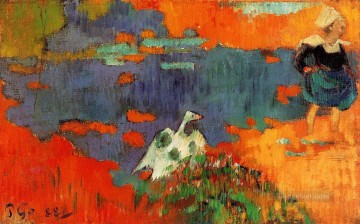 Fowl Painting - paul gauguin breton woman and goose by the water 1888